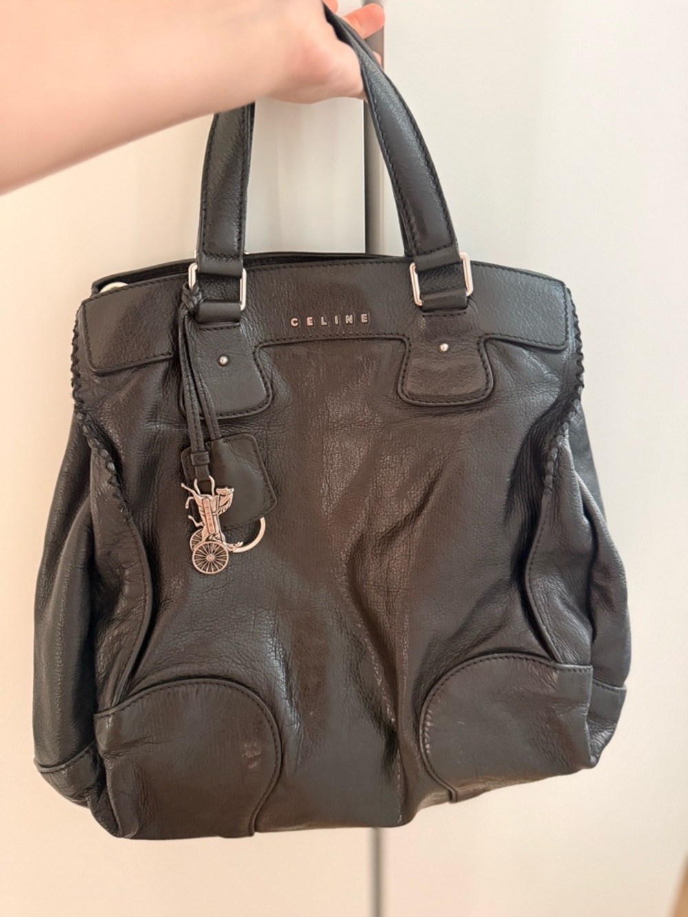 Celine Black Leather Tote with Charm Detail